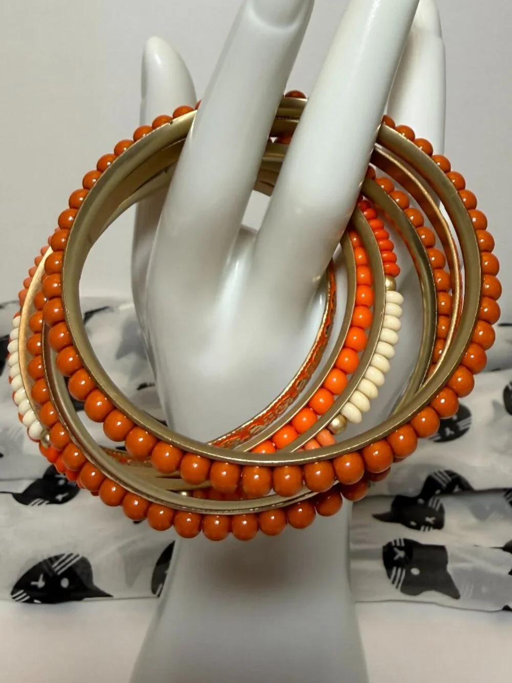 6 Orange Bangles Mix Match Stack Beaded Gold Toned Bracelets